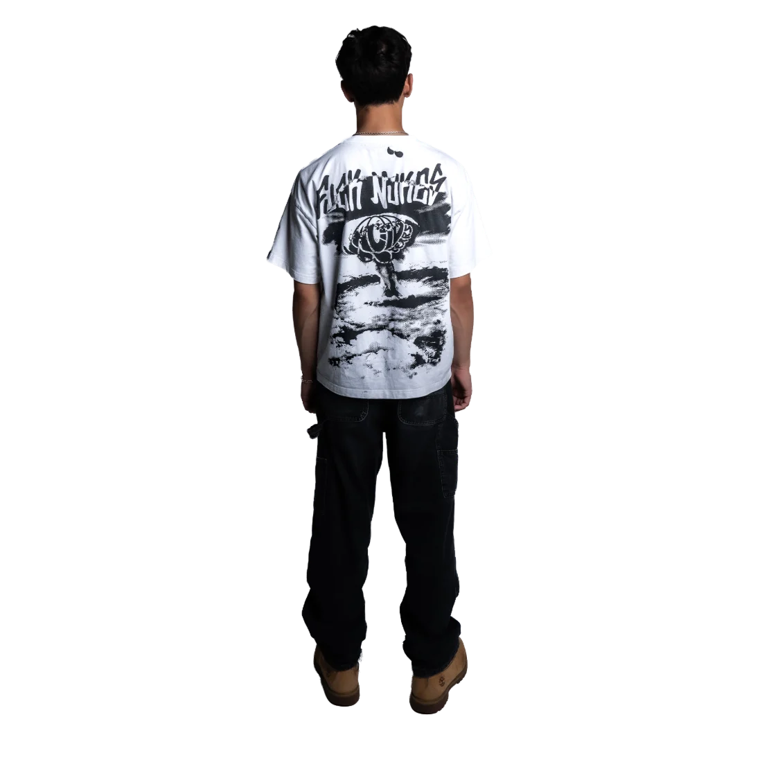 Model wearing the tee, back view