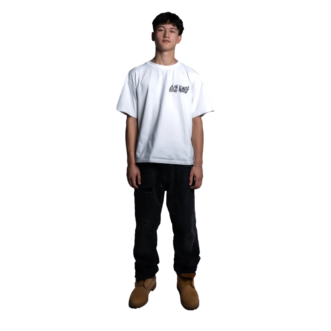 Model wearing the tee, front view