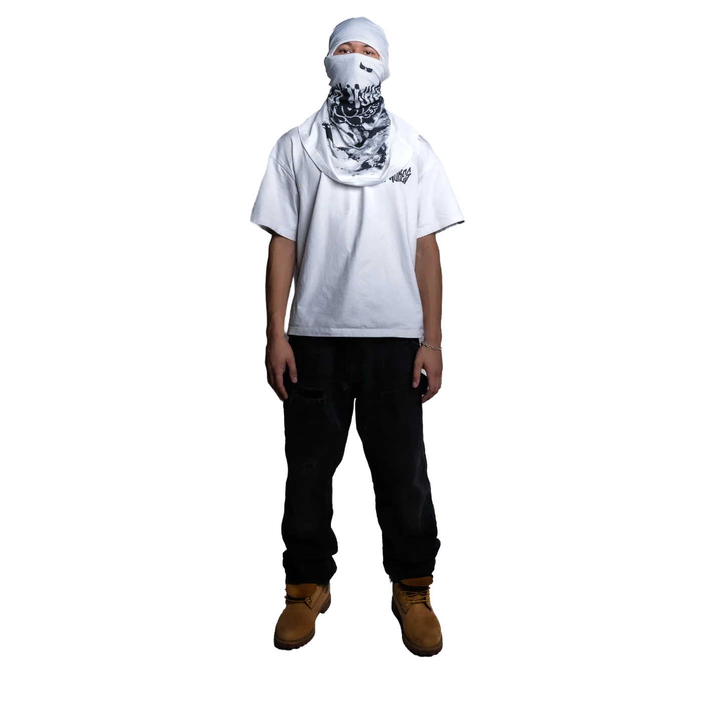 Model wearing the tee with the Fuck Nukes mask