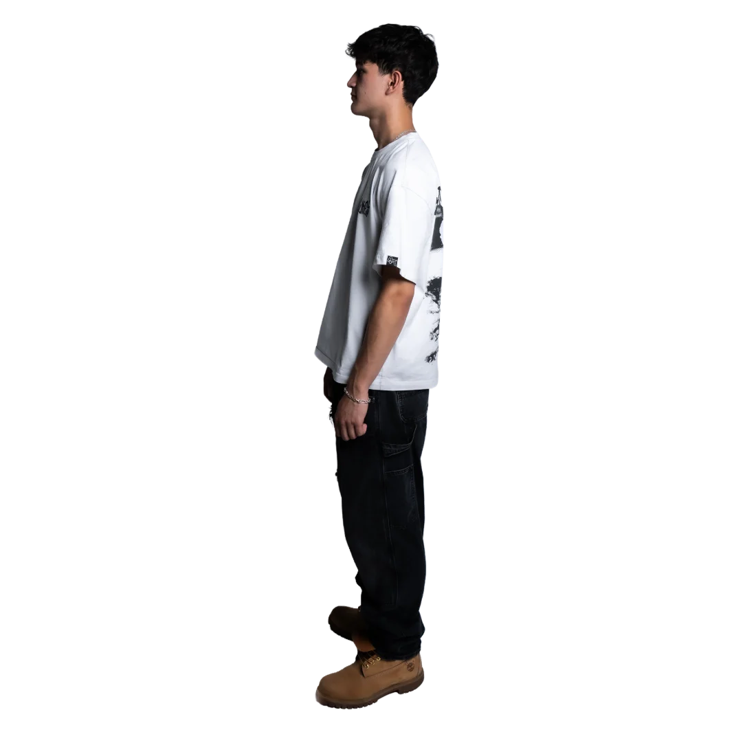 Model wearing the tee, side view