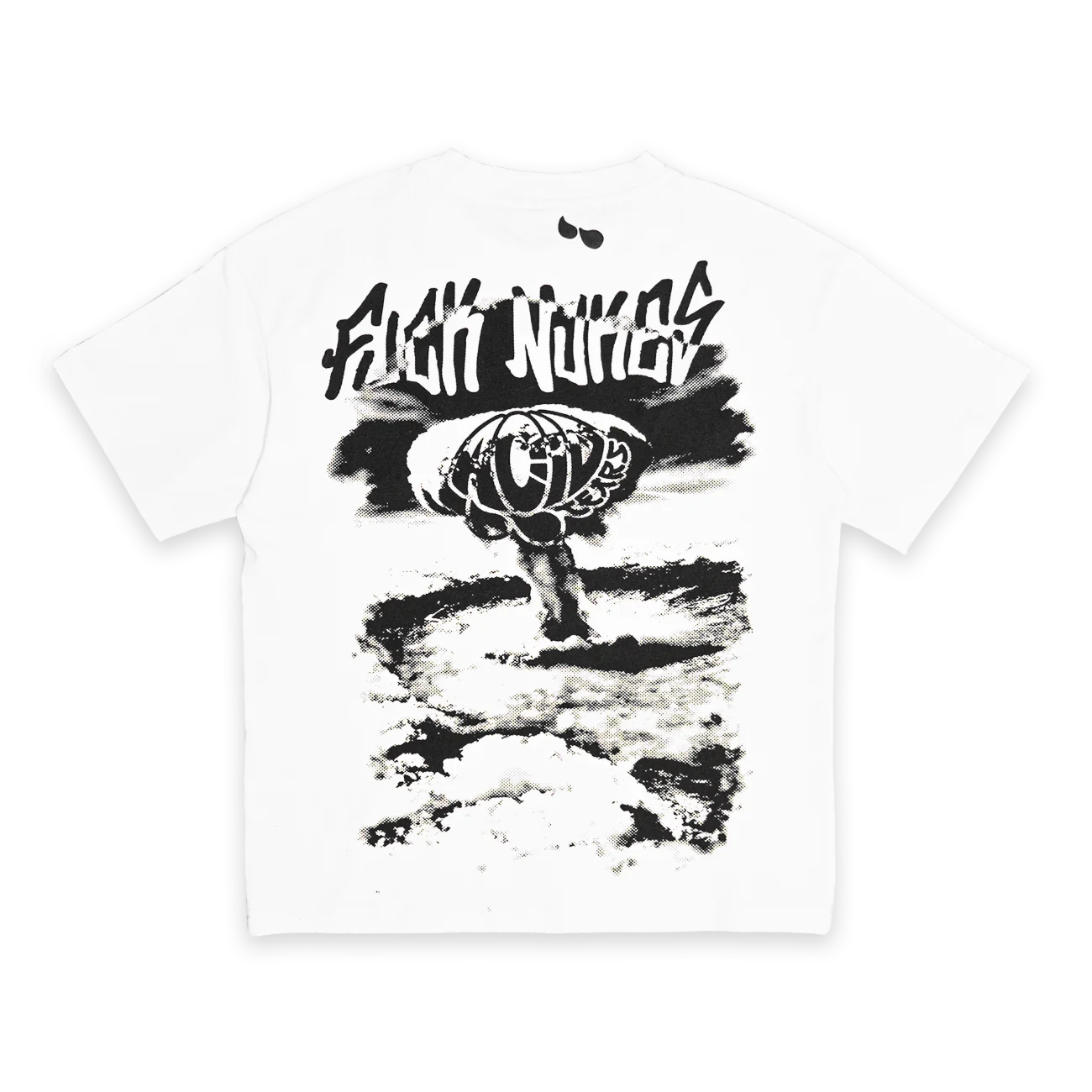 FKNK tee, back view — halftone mushroom cloud print